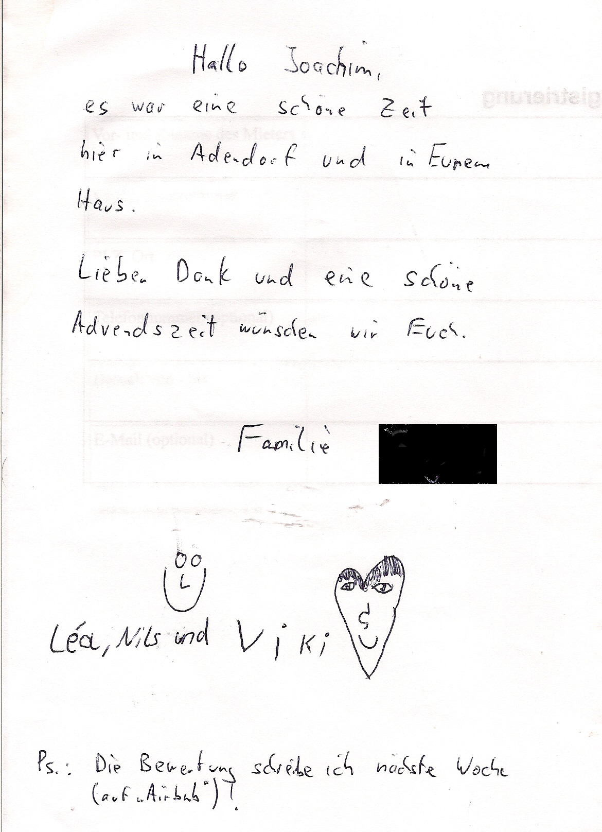 Gästebucheintrag eines Kindes Gästebucheintrag eines Kindes